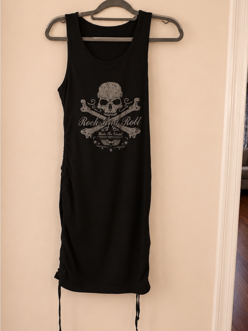 Skull Graphic Ruched Mini Dress | Rocker Grunge Concert Dress Size 8-10 Large - Picture 2 of 5